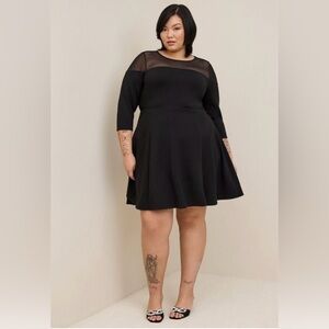 Torrid Womens Plus 5X Black Skater Mini Dress Cupro Mesh 3/4 Sleeve